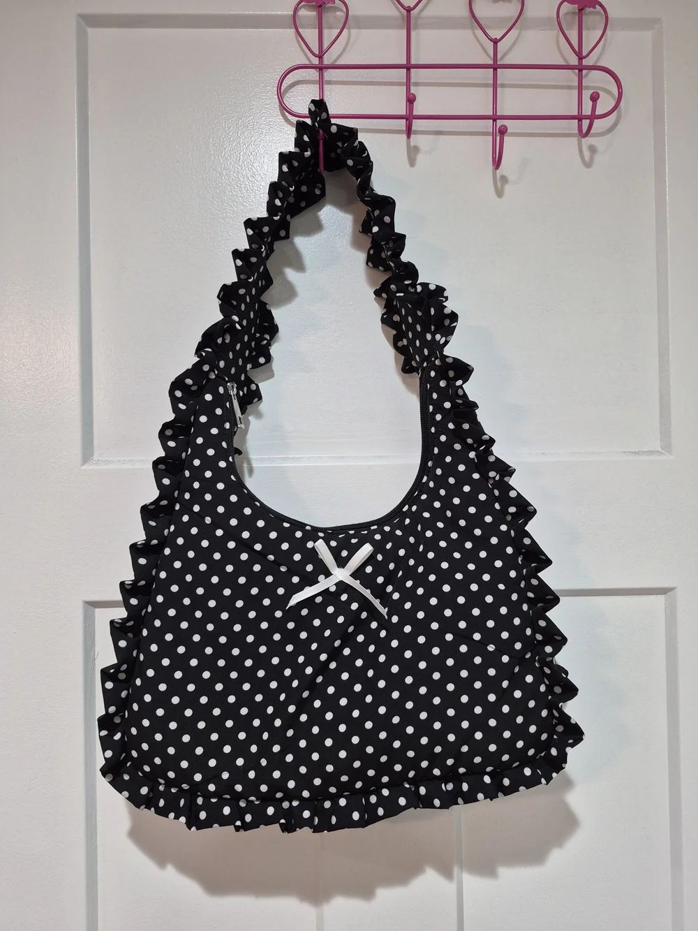 Polka Dot Ruffle Shoulder Bag in Black & White
